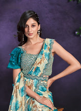 Beige & Blue Satin Silk Embroidered Ready to Wear Saree
